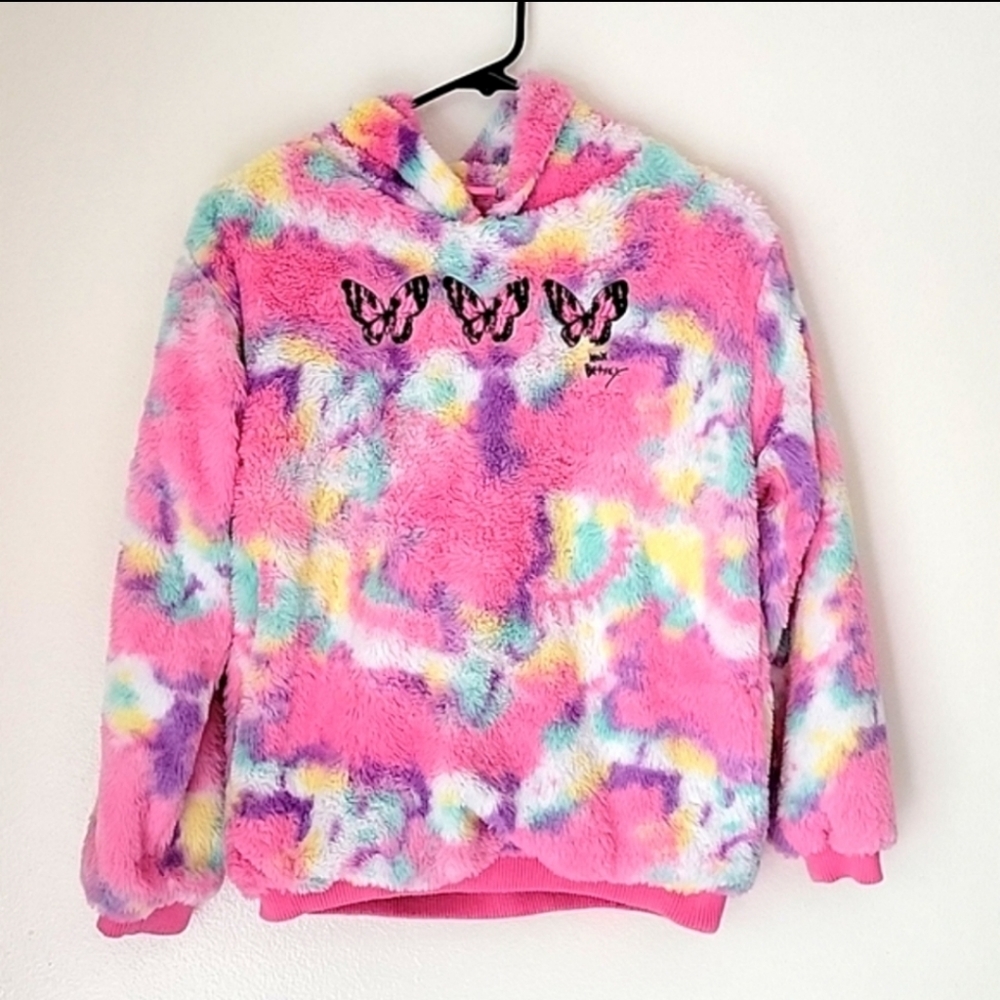 Girls Betsey Johnson Butterfly Pastel Tie Dye Faux Fur Hoodie Size L